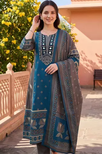 women ethnic motifs printed regular mirror work cotton kurta with trousers & with dupatta