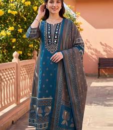 women ethnic motifs printed regular mirror work cotton kurta with trousers & with dupatta