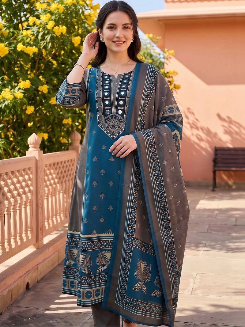 women ethnic motifs printed regular mirror work cotton kurta with trousers & with dupatta
