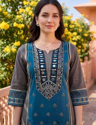 women ethnic motifs printed regular mirror work cotton kurta with trousers & with dupatta 3