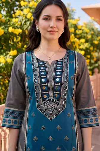 women ethnic motifs printed regular mirror work cotton kurta with trousers & with dupatta