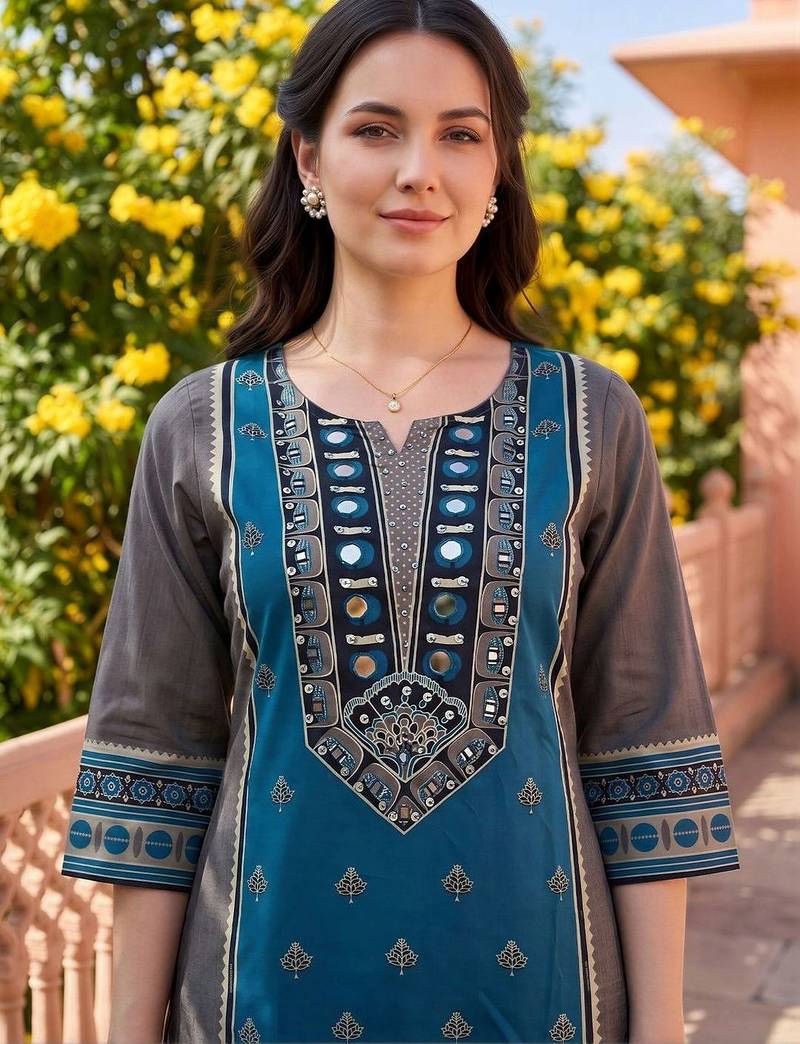 women ethnic motifs printed regular mirror work cotton kurta with trousers & with dupatta