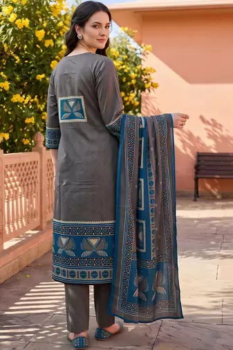 women ethnic motifs printed regular mirror work cotton kurta with trousers & with dupatta