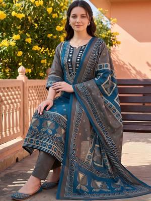 women ethnic motifs printed regular mirror work cotton kurta with trousers & with dupatta 1