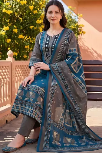 women ethnic motifs printed regular mirror work cotton kurta with trousers & with dupatta