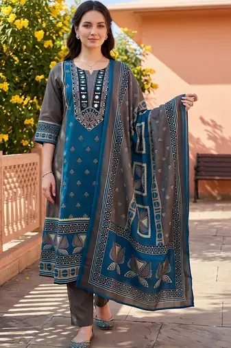 women ethnic motifs printed regular mirror work cotton kurta with trousers & with dupatta