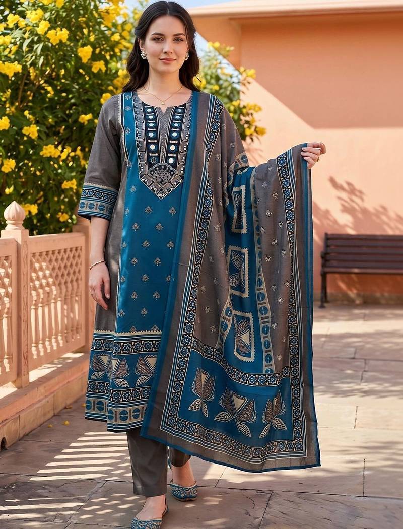 women ethnic motifs printed regular mirror work cotton kurta with trousers & with dupatta