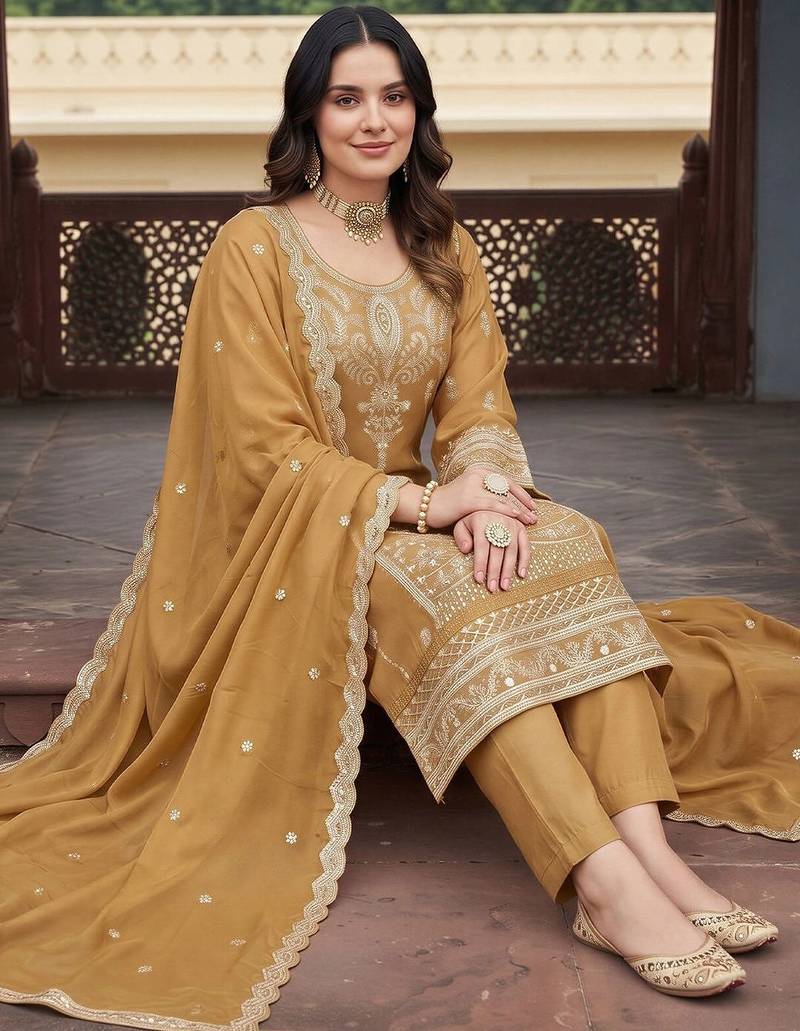 women ethnic motifs embroidered regular kurta with trousers & with dupatta