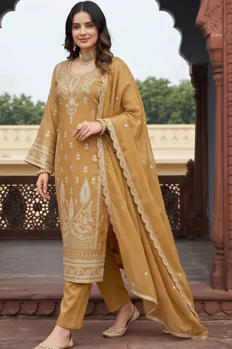 women ethnic motifs embroidered regular kurta with trousers & with dupatta