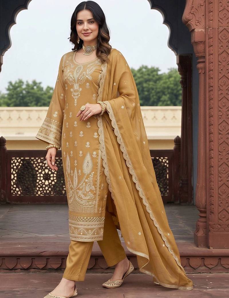 women ethnic motifs embroidered regular kurta with trousers & with dupatta