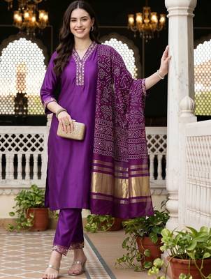 women ethnic motifs embroidered regular thread work liva kurta with trousers & with dupatta 1