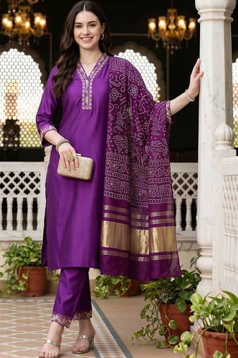 women ethnic motifs embroidered regular thread work liva kurta with trousers & with dupatta