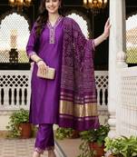 women ethnic motifs embroidered regular thread work liva kurta with trousers & with dupatta