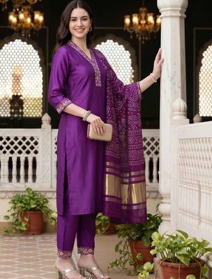 women ethnic motifs embroidered regular thread work liva kurta with trousers & with dupatta 2