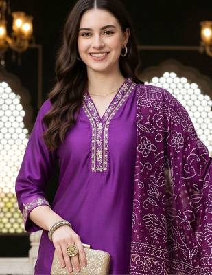 women ethnic motifs embroidered regular thread work liva kurta with trousers & with dupatta 3