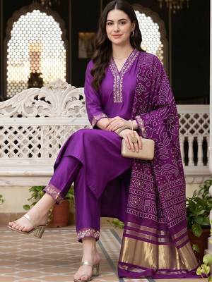 women ethnic motifs embroidered regular thread work liva kurta with trousers & with dupatta 4