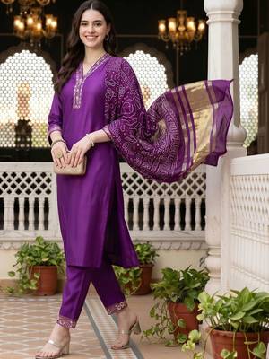 women ethnic motifs embroidered regular thread work liva kurta with trousers & with dupatta 6