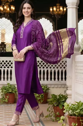 women ethnic motifs embroidered regular thread work liva kurta with trousers & with dupatta