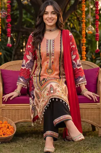 women floral printed regular kurta with trousers & with dupatta