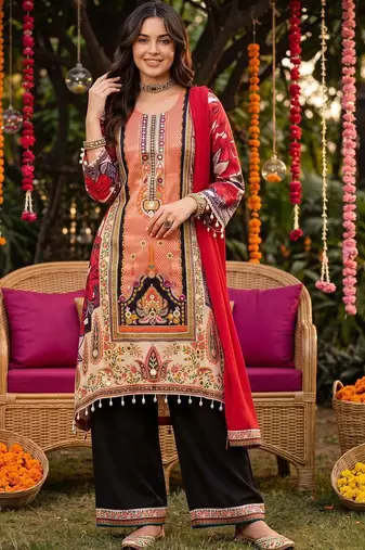 women floral printed regular kurta with trousers & with dupatta