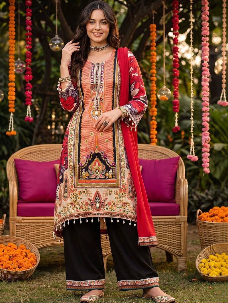 women floral printed regular kurta with trousers & with dupatta