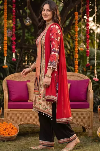 women floral printed regular kurta with trousers & with dupatta