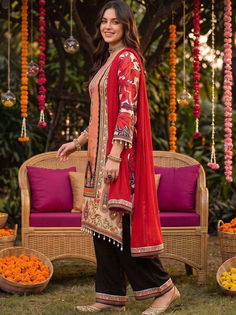 women floral printed regular kurta with trousers & with dupatta