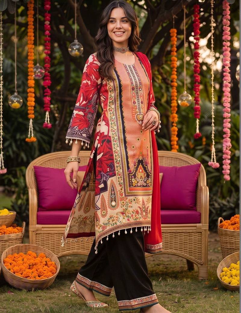women floral printed regular kurta with trousers & with dupatta