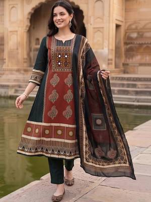 women ethnic motifs printed regular mirror work cotton kurta with trousers & with dupatta 1