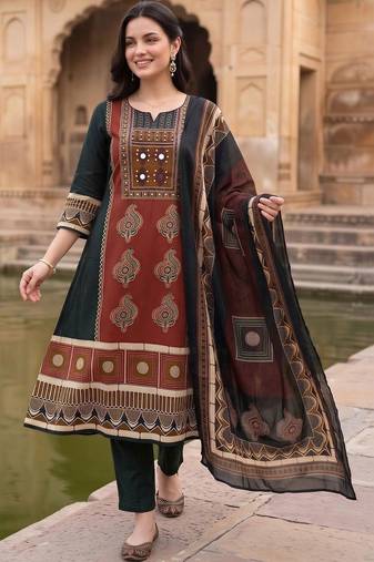 women ethnic motifs printed regular mirror work cotton kurta with trousers & with dupatta