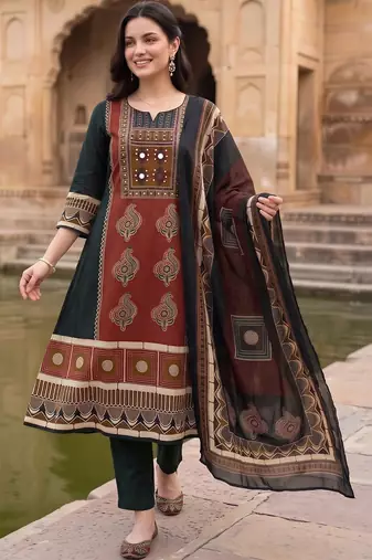 women ethnic motifs printed regular mirror work cotton kurta with trousers & with dupatta