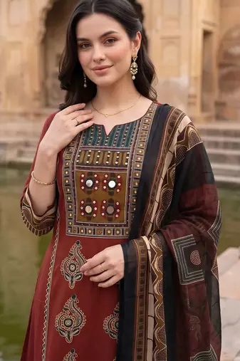 women ethnic motifs printed regular mirror work cotton kurta with trousers & with dupatta
