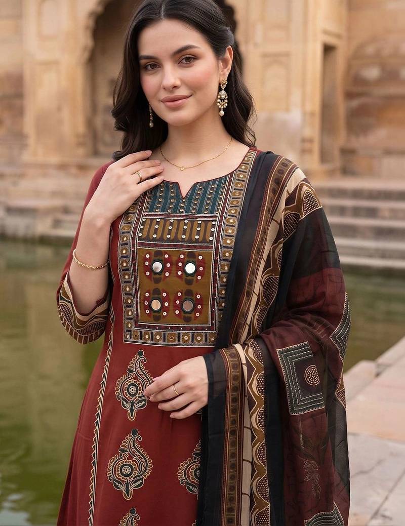 women ethnic motifs printed regular mirror work cotton kurta with trousers & with dupatta