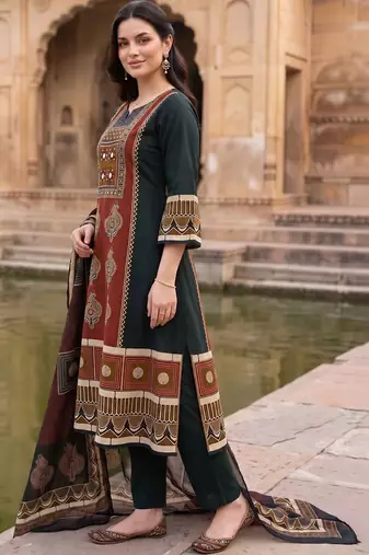 women ethnic motifs printed regular mirror work cotton kurta with trousers & with dupatta