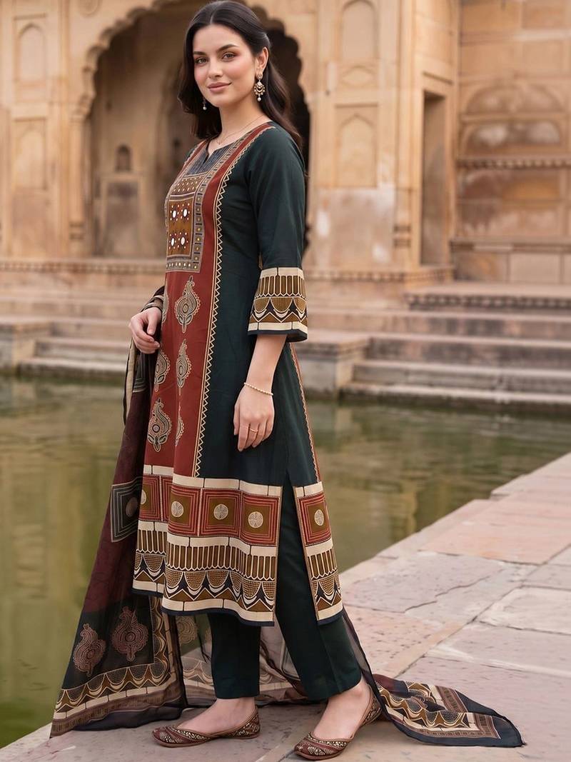 women ethnic motifs printed regular mirror work cotton kurta with trousers & with dupatta
