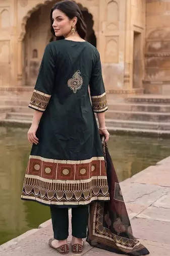 women ethnic motifs printed regular mirror work cotton kurta with trousers & with dupatta