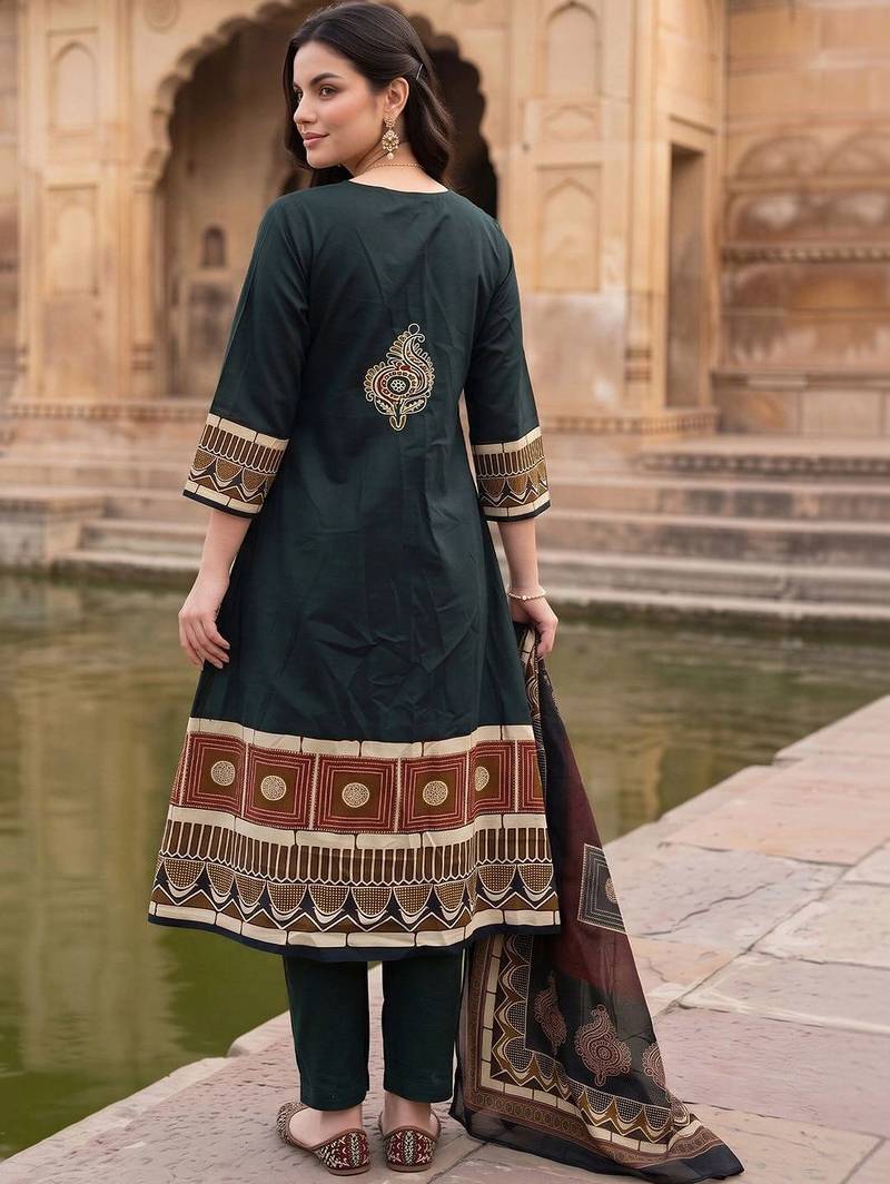 women ethnic motifs printed regular mirror work cotton kurta with trousers & with dupatta