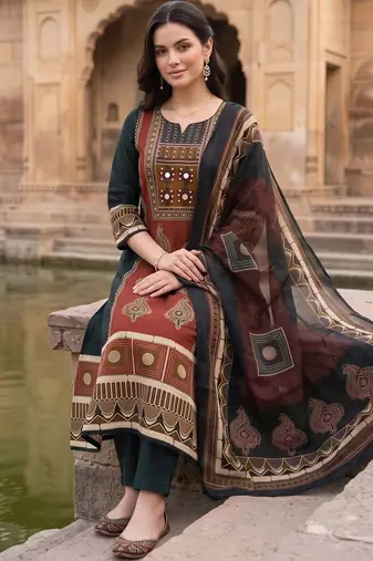 women ethnic motifs printed regular mirror work cotton kurta with trousers & with dupatta