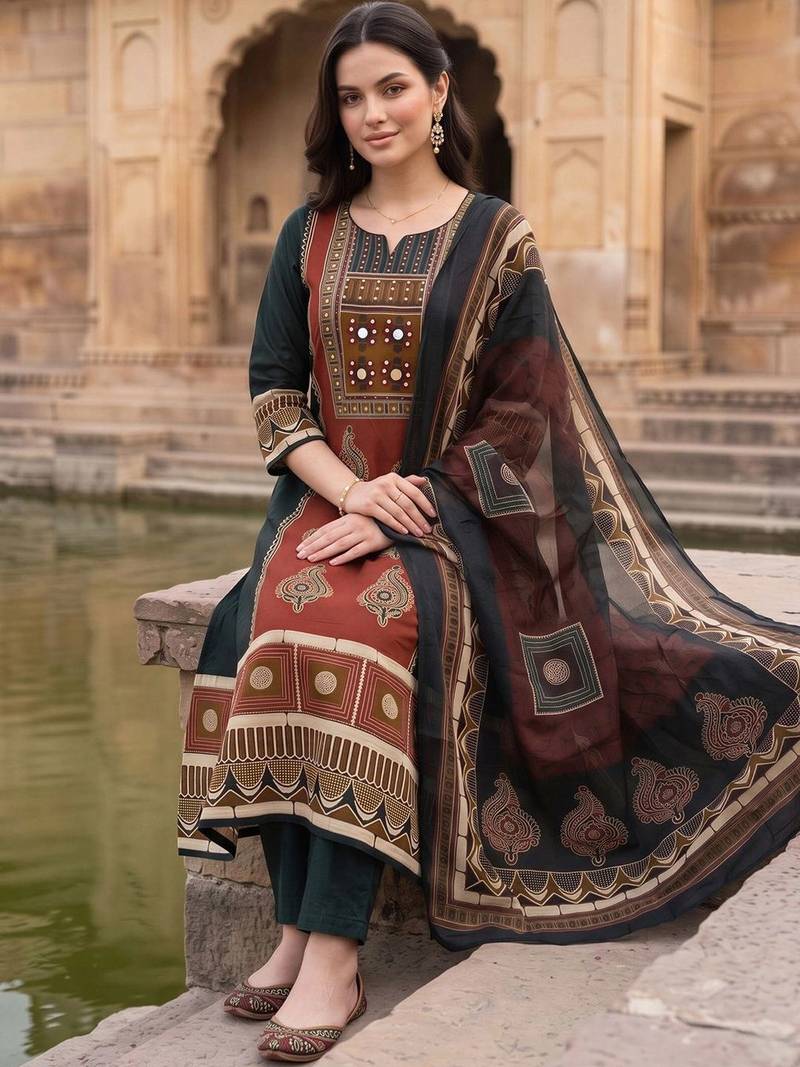 women ethnic motifs printed regular mirror work cotton kurta with trousers & with dupatta