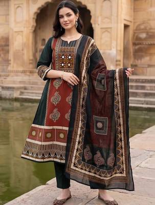 women ethnic motifs printed regular mirror work cotton kurta with trousers & with dupatta 6