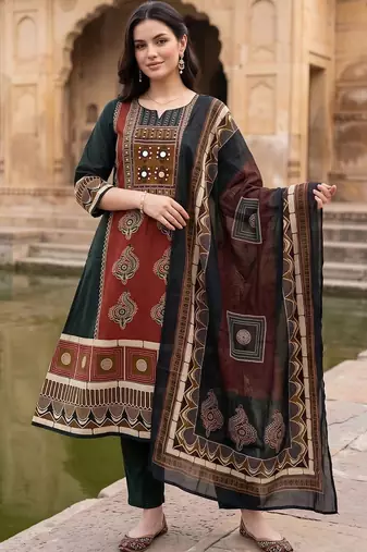 women ethnic motifs printed regular mirror work cotton kurta with trousers & with dupatta
