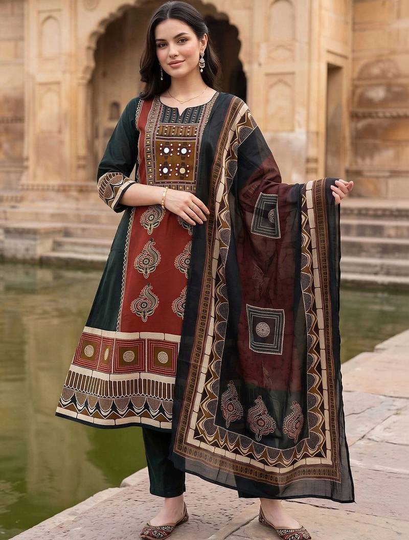 women ethnic motifs printed regular mirror work cotton kurta with trousers & with dupatta