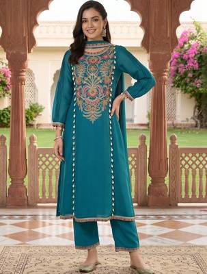 women ethnic motifs embroidered regular thread work kurta with trousers & with dupatta 1