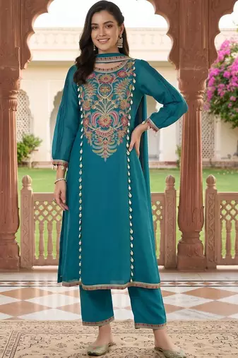 women ethnic motifs embroidered regular thread work kurta with trousers & with dupatta