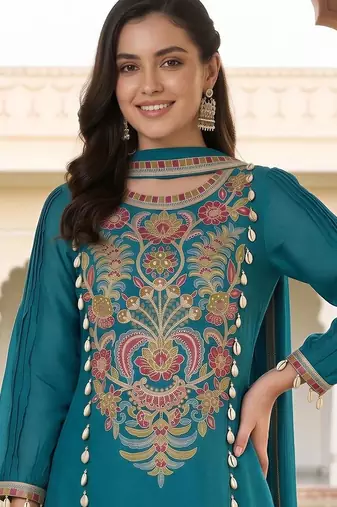 women ethnic motifs embroidered regular thread work kurta with trousers & with dupatta