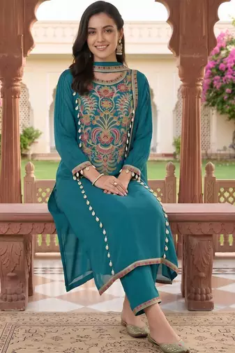 women ethnic motifs embroidered regular thread work kurta with trousers & with dupatta