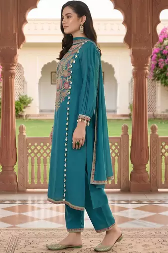 women ethnic motifs embroidered regular thread work kurta with trousers & with dupatta