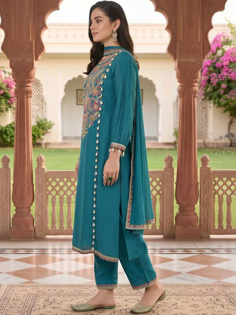 women ethnic motifs embroidered regular thread work kurta with trousers & with dupatta