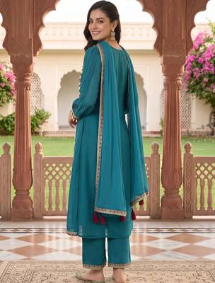 women ethnic motifs embroidered regular thread work kurta with trousers & with dupatta 5