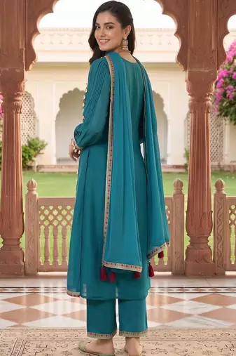 women ethnic motifs embroidered regular thread work kurta with trousers & with dupatta